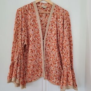 NALINI One Size Sparkle Gold Orange Floral Open Blouse Kimono Tassel Tie Boho